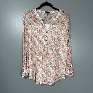 Ava & Grace Women's Brown & Blue Abstract Boho Top - Size Large - Semi-Sheer